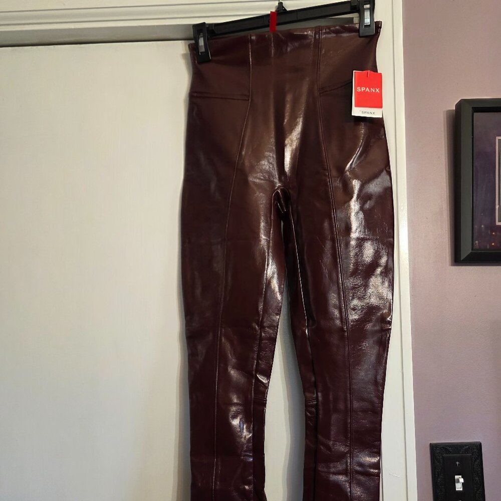 SPANX Faux Patent Leather Leggings Ruby Burgundy High Rise Shaping NWT Small